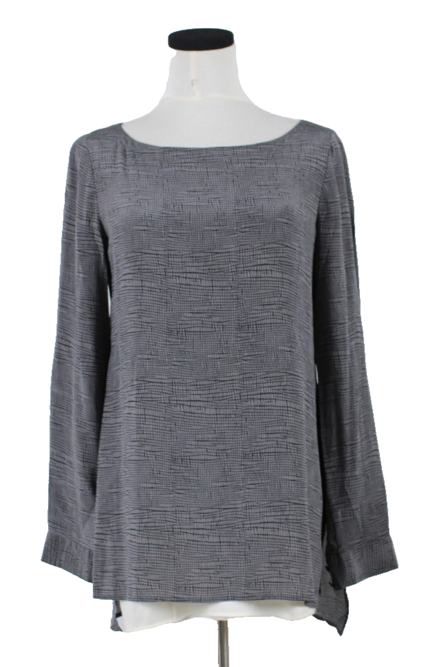 A6 Authentic EILEEN FISHER Women Gray Long Sleeve Grid Pattern Silk Top Size XXS